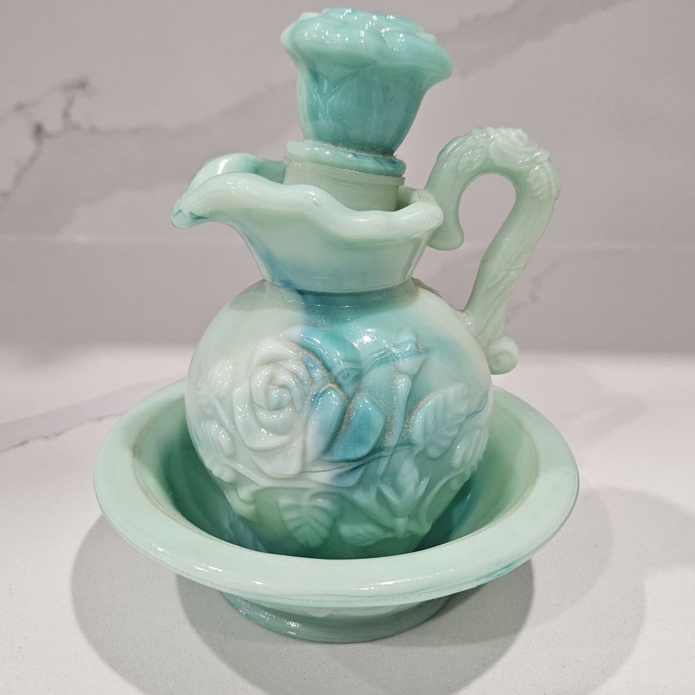 Vintage Avon Jade Swirl Milk Glass Flower Pitcher Decanter & Saucer